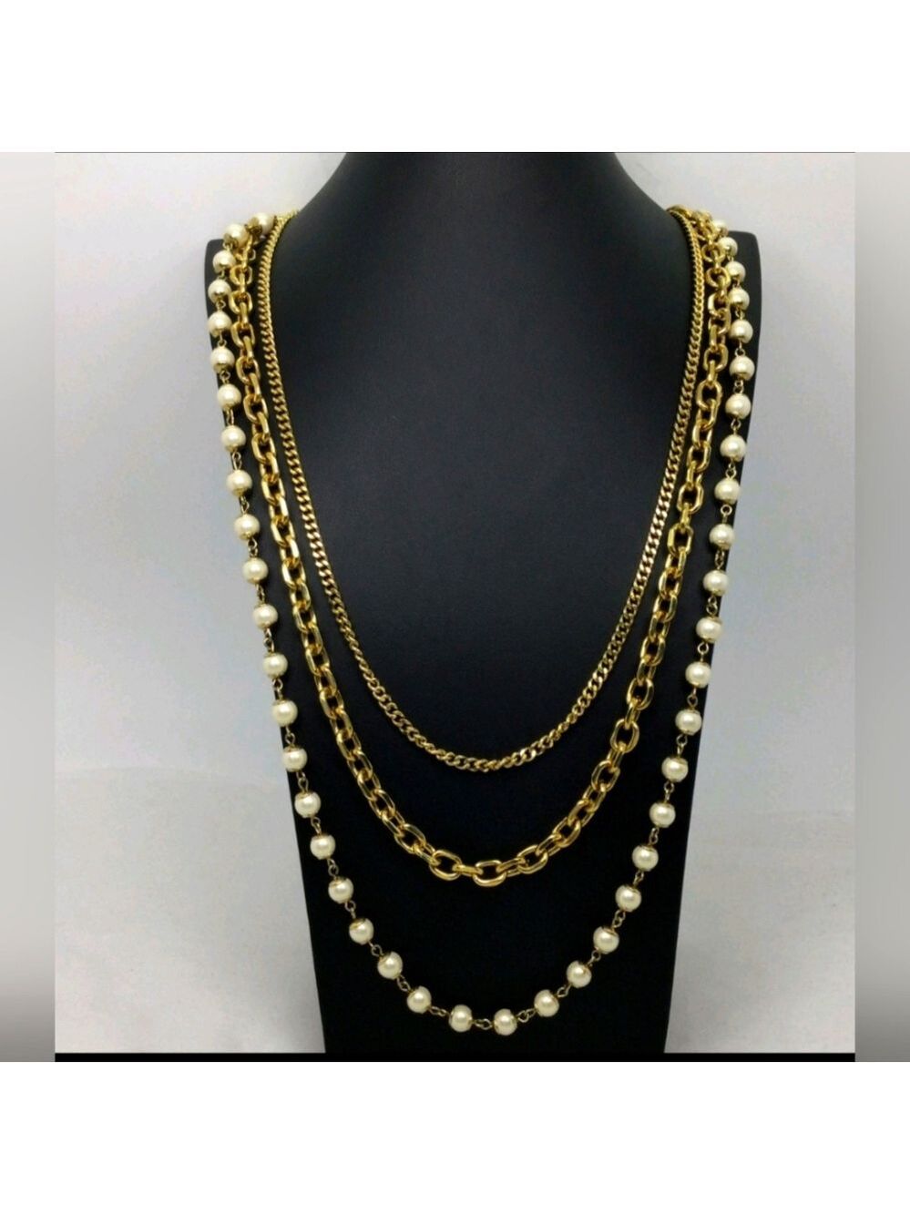 Ann Taylor Goldtone Faux Pearl Layering Necklace EUC 36"